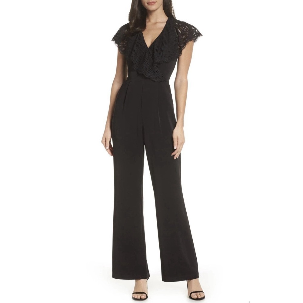Nwt HARLYN Anthropologie‎  Lace Ruffle Wide Leg JUMPSUIT SIZE L Black
